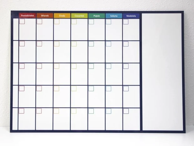 Weekly magnetic dry-erase planner board 261 - Rectangular design with a grid for 7 days and 5 rows.