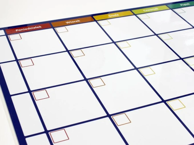 Weekly dry-erase magnetic planner board 269 - Graphic design with rectangular fields for days of the week at the top.