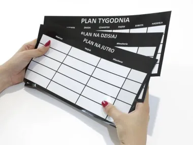 Custom dry-erase magnetic board with graphic design. Three rectangular panels with white text areas.