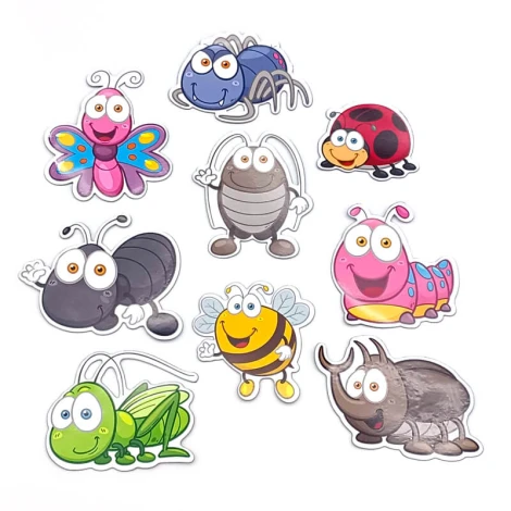 Insect magnets - Graphic design. Ten colorful insects in various shapes, including a butterfly, bee, and ladybug.