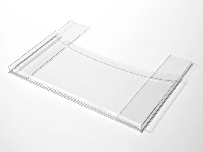 Hanging A4 pocket in plexiglass, 4cm deep, vertical/horizontal - Graphic design. Transparent, rectangular with rounded edges.