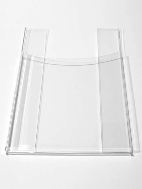 Hanging A4 pocket in plexiglass, 4cm deep, vertical/horizontal - Graphic design. Transparent rectangular shape with rounded edges.