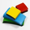 Custom dry-erase magnet - Graphic design. Square pieces in yellow, blue, green, and red colors.