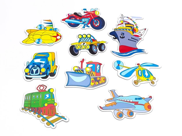 Vehicle magnets - Graphic design featuring shapes of a car, helicopter, ship, airplane, and train.