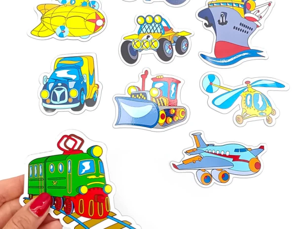 Vehicle magnets - Graphic design featuring planes, ships, cars, and trains.