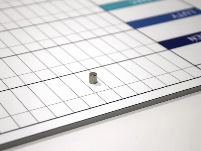 Magnetic dry-erase lean 040 annual planner board with a graphic design and a grid of colored rectangles.