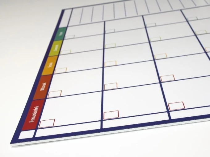 Weekly dry-erase planner board 269 - Graphic design with a simple grid and colored rectangles for each day of the week.