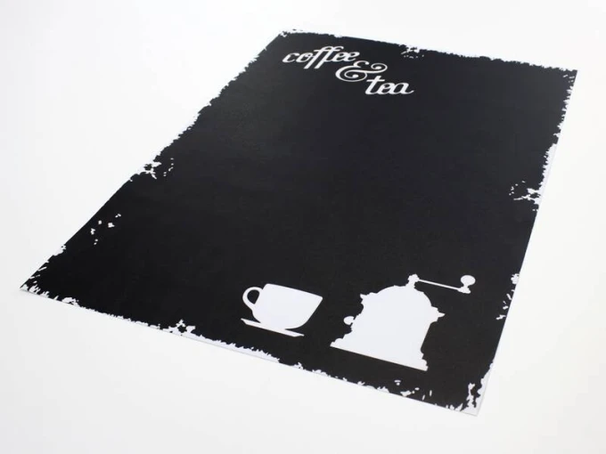 Chalkboard with coffee and tea print 020 - Black background with white text and graphics of a cup and grinder.