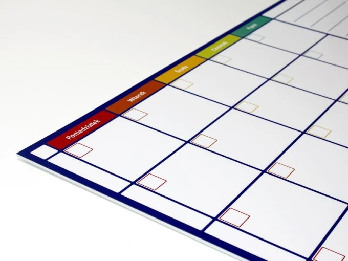 Weekly dry-erase magnetic planner board 269 - Graphic design with rectangular fields for the days of the week.