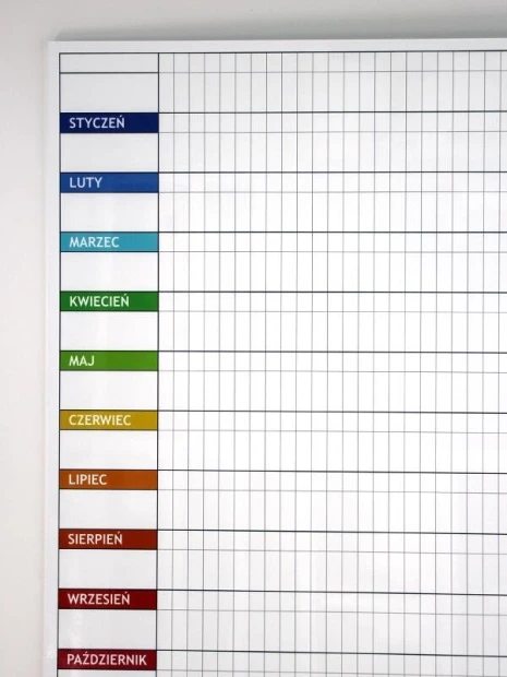 Annual lean planner dry-erase board 040 - Graphic design. Simple grid with month names in colorful rectangles.