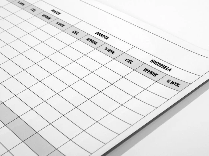 Weekly production board with a dry-erase surface, featuring a simple grid of rows and columns.