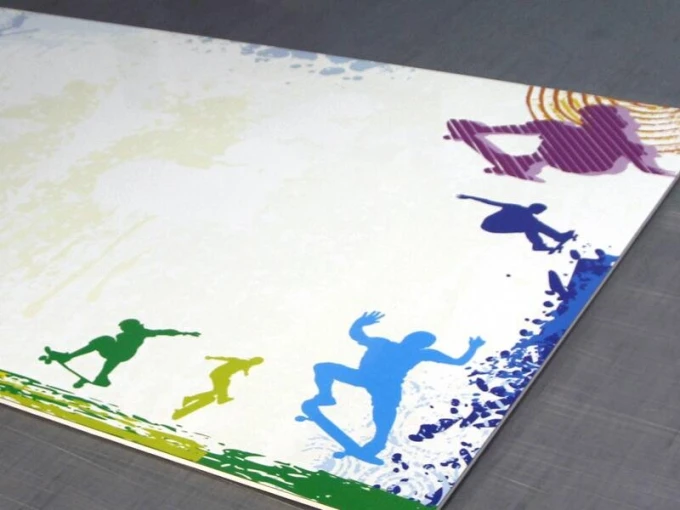 Magnetic whiteboard skate 011 - Features colorful silhouettes of skaters on a white background.