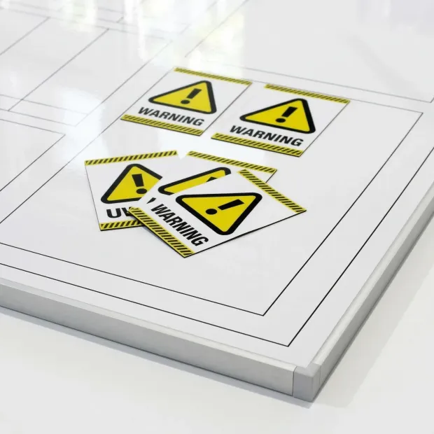 Magnetic whiteboard in an aluminum frame with custom print - Graphic design featuring yellow elements.