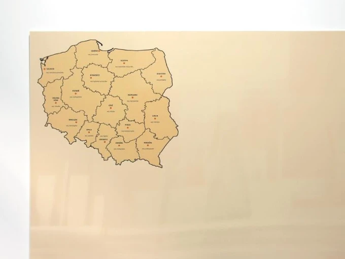 Beige dry-erase board of Poland with provincial divisions, featuring a graphic design and outlined contours.