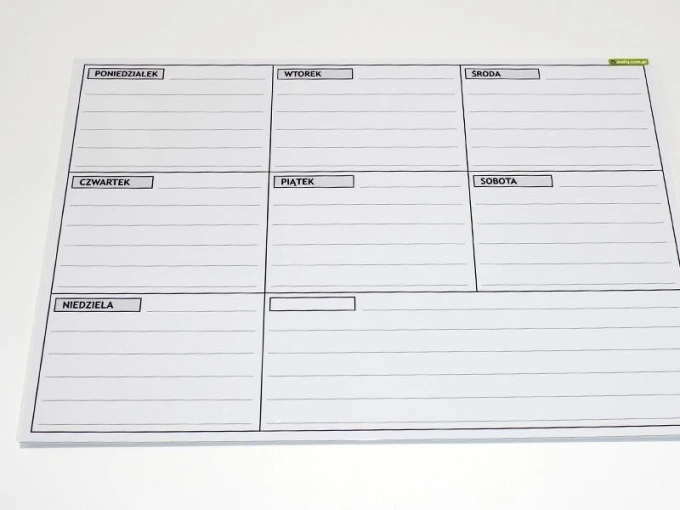 Weekly planner dry-erase board 015 - Graphic design. Simple grid with seven rectangles for the days of the week. Lines.