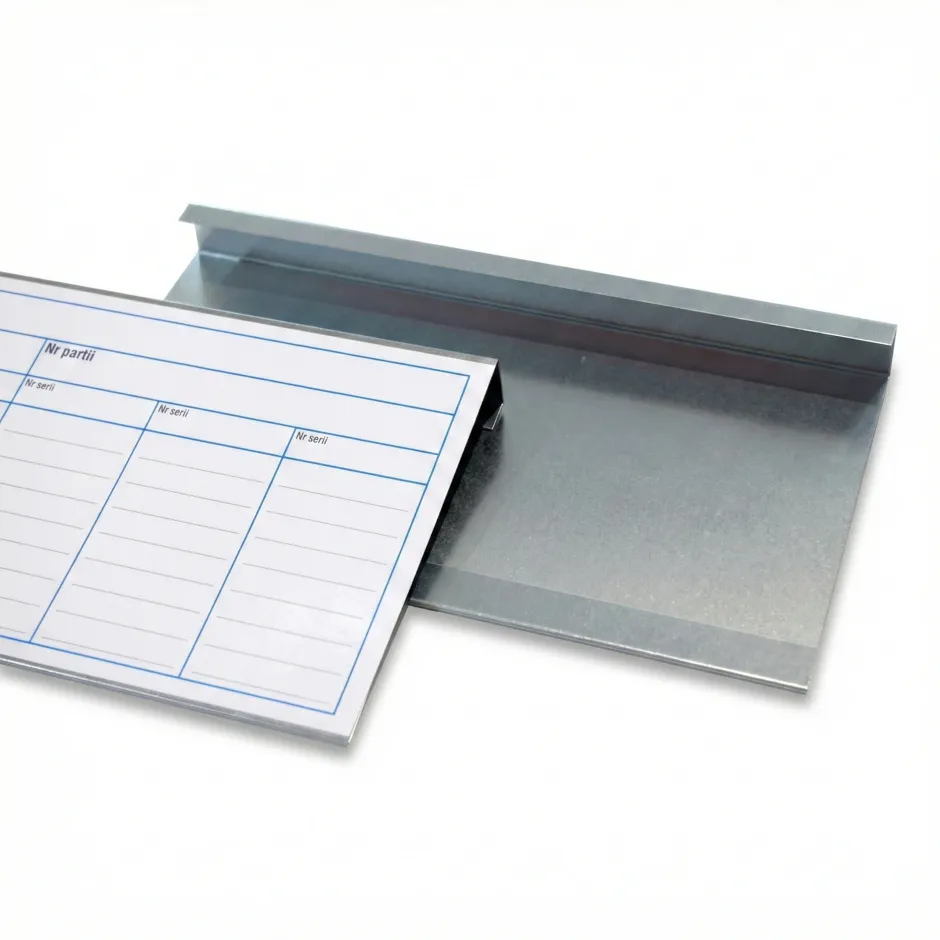 Dry-erase warehouse tags for A4 pallet extensions with custom print - Graphic design. Simple rectangular shape.