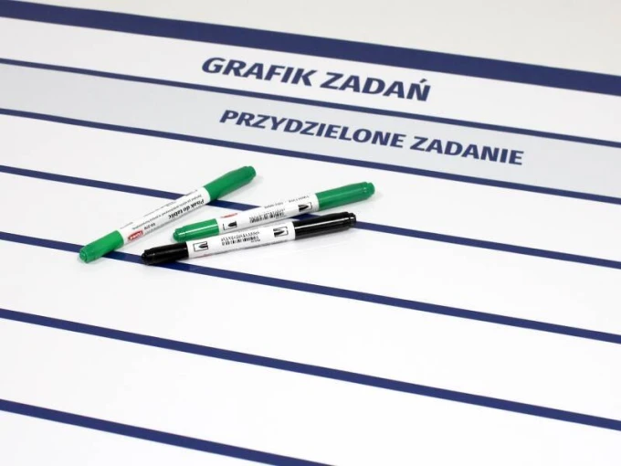 Lean task board dry-erase 107 - Graphic design. White board with blue lines and text.