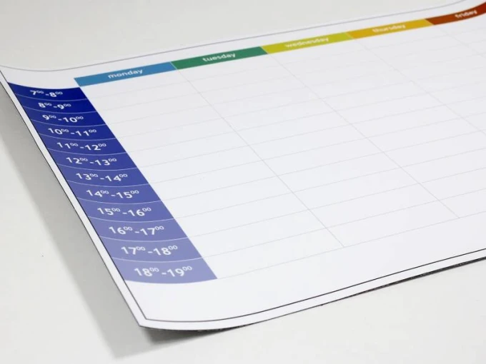 Magnetic dry-erase weekly planner board in English with time slots - Rectangular design.