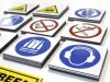 Custom printed magnetic mat - Graphic design featuring various warning and informational symbols on a white background.