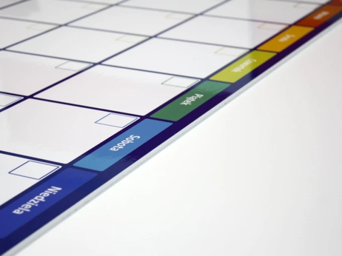 Weekly planner dry-erase board 273 - Graphic design. Simple layout with rectangles and colorful headers.