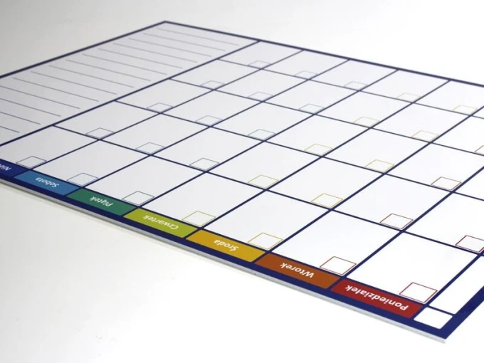 Weekly dry-erase planner board 261 - Graphic design. Simple grid with rectangles in various colors.