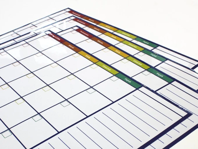 Weekly dry-erase planner board 269 - Graphic design with a simple grid of rectangles and colorful day headers.