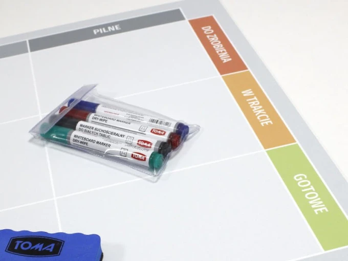 Lean dry-erase Kanban board 096 - Graphic design with rectangular fields in various colors and labels.
