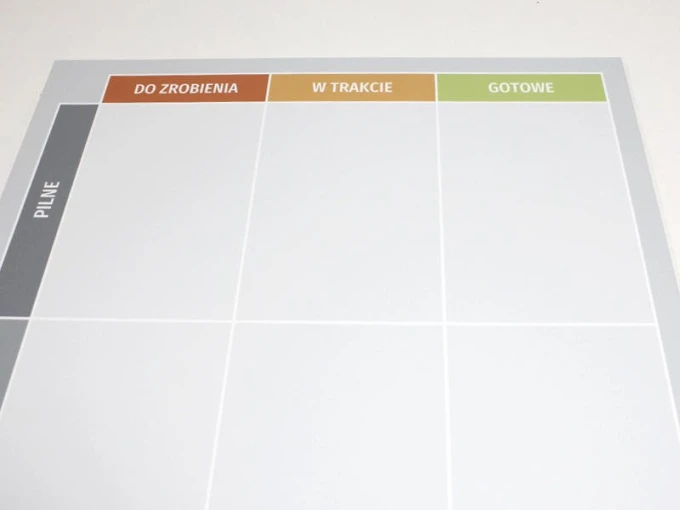 Dry-erase Kanban board 096 - Graphic design. Simple grid divided into three columns and two rows.