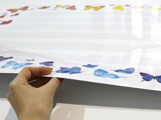 EDU five-line whiteboard 037 - Features colorful butterflies on a white background with a five-line staff design.