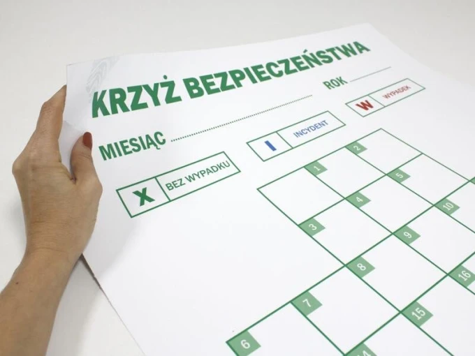 Lean safety cross dry-erase board 079 - Graphic design with a table for month and year fields.