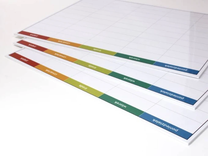 Weekly lean planner dry-erase board 060 - Graphic design. Simple grid with colorful stripes at the bottom.