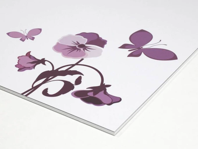 Magnetic whiteboard with floral design featuring purple flowers and butterflies on a white background.