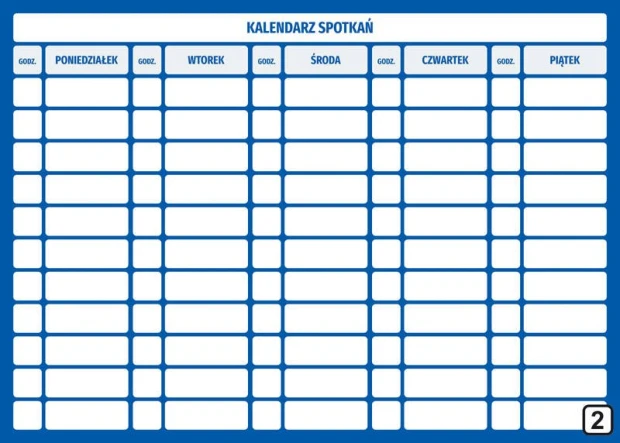 Lean 114 dry-erase meeting calendar board - Simple grid with days of the week and hours.