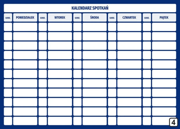 Lean 114 dry-erase meeting calendar board - Simple grid with days of the week and hours.