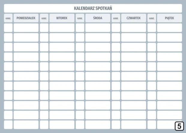 Lean 114 dry-erase meeting calendar board - Simple grid with fields for days of the week and time slots.