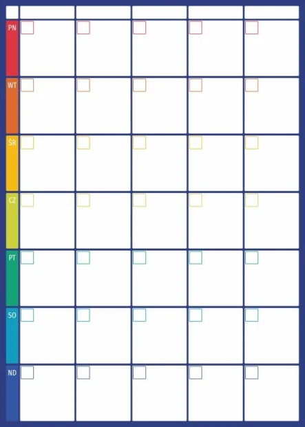 Weekly planner dry-erase board 277 - Graphic design. Simple grid with colorful headers for the days of the week.