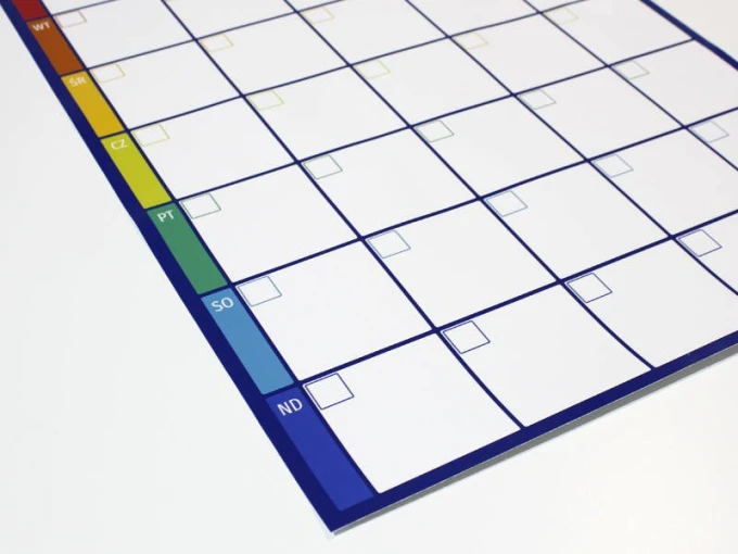 Weekly planner dry-erase board 277 - Graphic design with rectangular grid fields and colorful day headers.