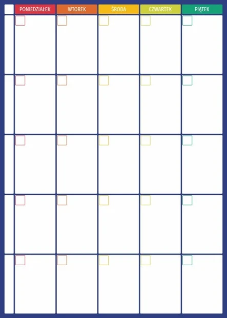Magnetic dry-erase planner board 275 - Graphic design with a grid for days of the week in various colors.