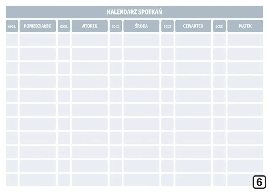 Magnetic whiteboard meeting calendar Lean 114 - Simple grid with days of the week and hours.