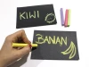 Chalk magnet in any size - Graphic design with KIWI and BANANA text and fruit illustrations on a black background.