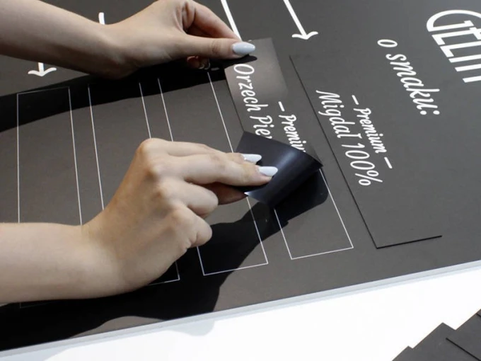 Chalkboard surface magnet with custom print - Graphic design featuring white lines and text on a black background.