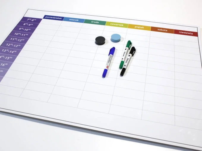 Magnetic dry-erase weekly planner board with hours - Graphic design. Simple grid with days of the week.
