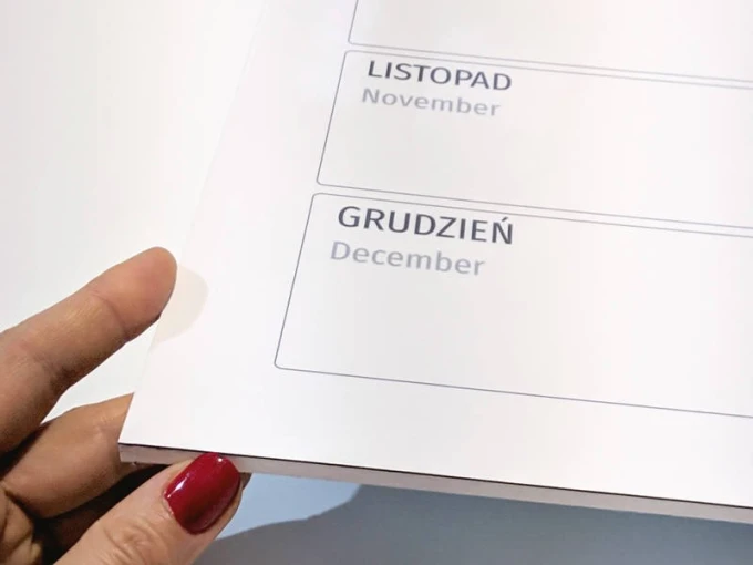 Magnetic dry-erase annual calendar board with rectangular fields for month names, featuring a graphic design.