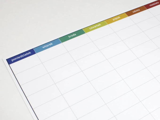 Weekly lean planner dry-erase board 058 - Graphic design. Simple layout with days of the week in colorful headers.