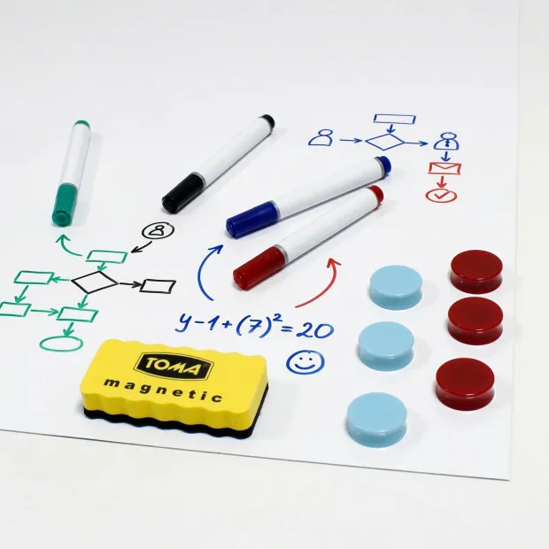 Custom magnetic whiteboard with colorful markers and magnets, perfect for creative use.