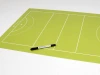 Tactical dry-erase coaching board for field hockey - Green surface with white lines, graphic design.