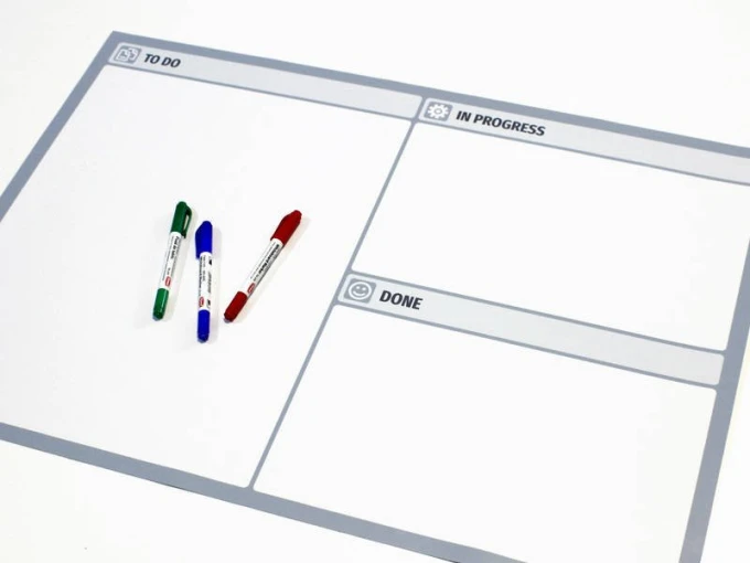 Magnetic dry-erase board 117 with graphic design. Rectangular with three sections: TO DO, IN PROGRESS.