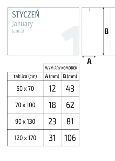 Universal yearly dry-erase calendar 280 - Graphic design features a table with cell dimensions.