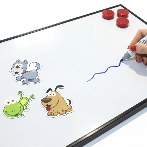 Custom dry-erase magnetic board in an aluminum frame with a colorful graphic design on a white background.