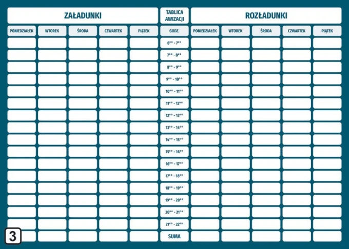 Magnetic whiteboard for loading and unloading, featuring a simple grid with fields for the days of the week.